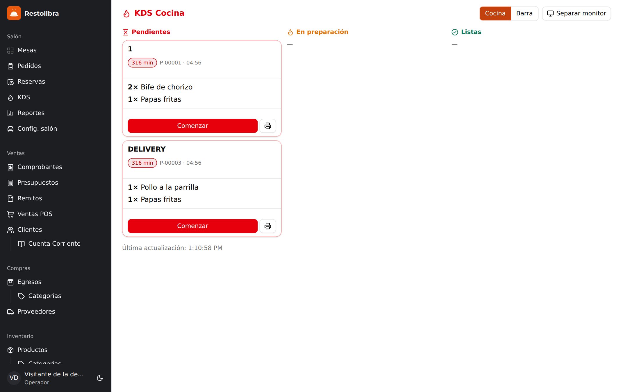 Pantalla de cocina (KDS) de Restolibra: comandas en columnas de pendientes, en preparación y listas, con los platos de cada pedido y el tiempo transcurrido